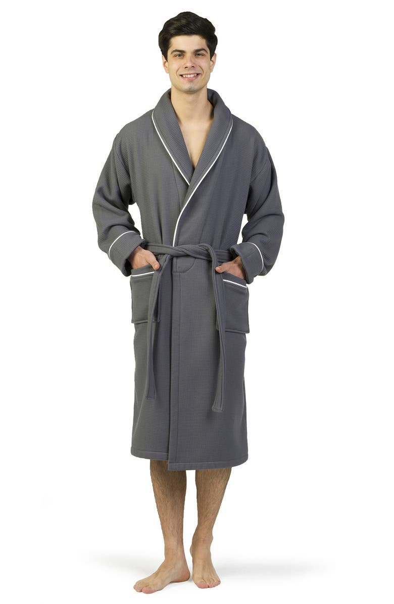 Linum Home Textiles Hotel Collection Satin Piped Trim Waffle Terry Bathrobe, Alternate, color, Dark Gray
