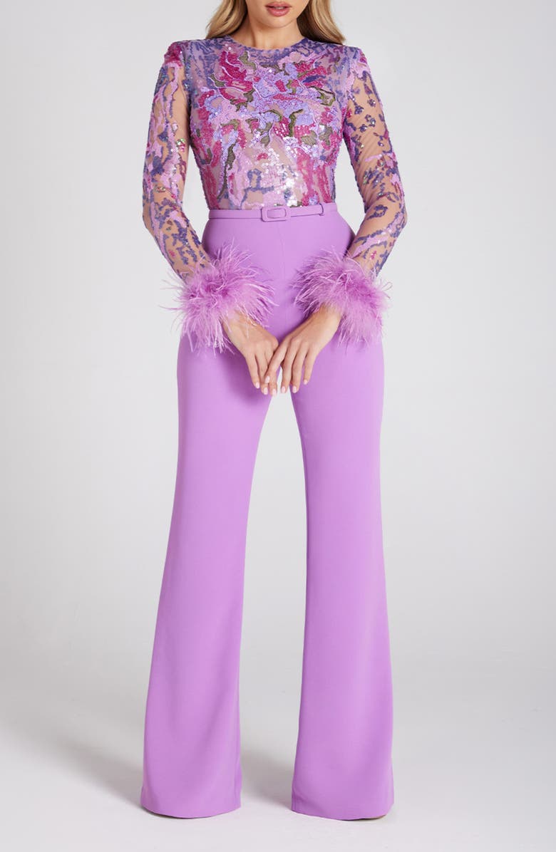 NADINE MERABI Michaela Ostrich & Turkey Feather Belted Long Sleeve Jumpsuit, Main, color, 