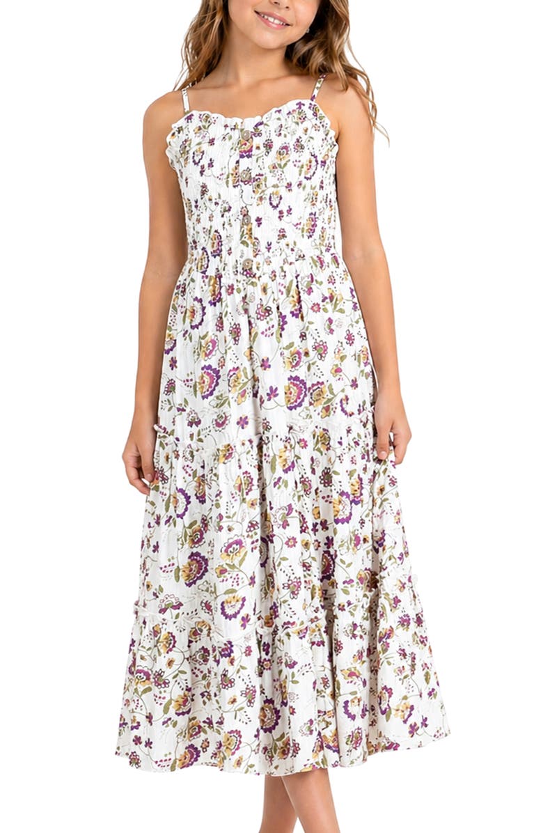 Zunie Kids' Floral Tiered Gauze Maxi Dress, Alternate, color, Ivory/ Mult