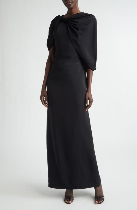 Drape Sleeve Stretch Cady Column Gown