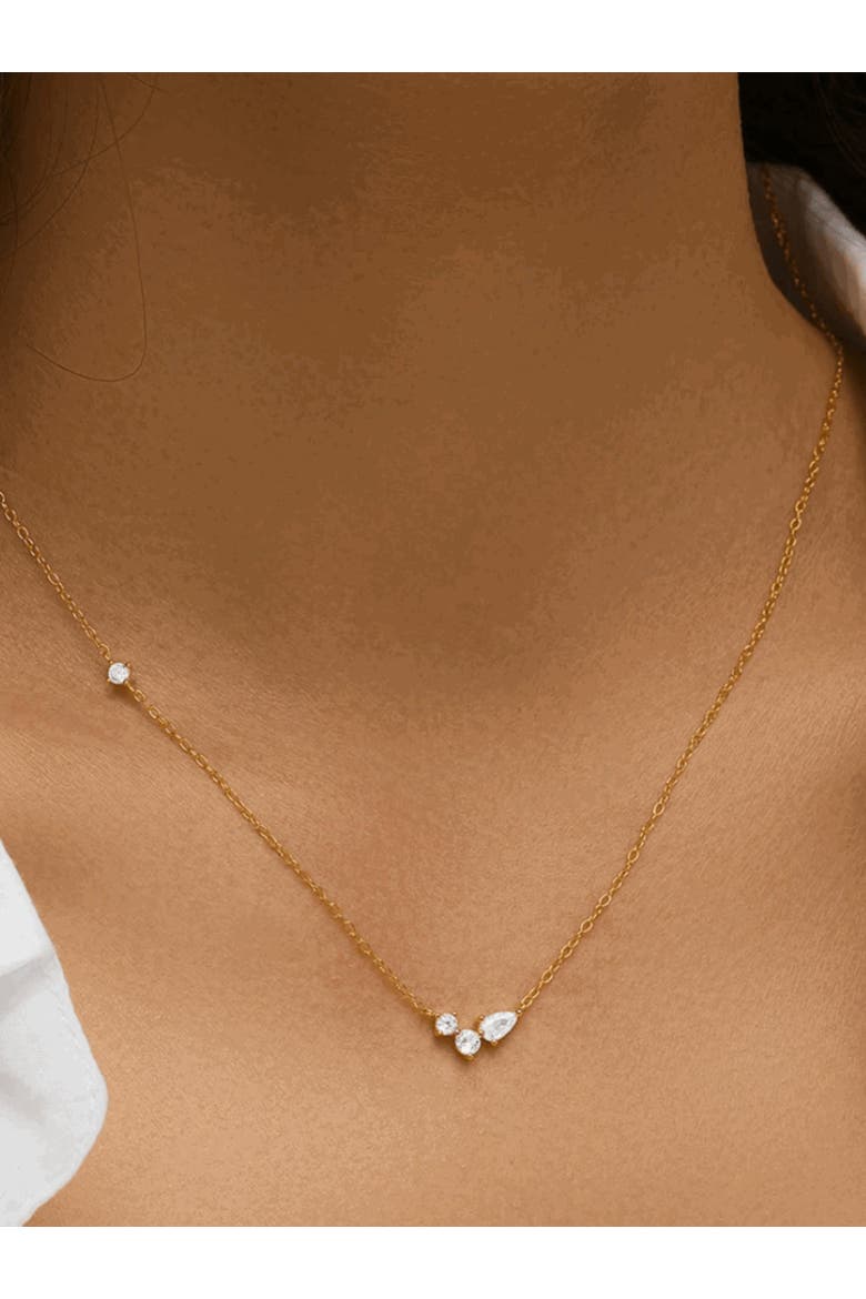 Orlina Delicate Necklace with Three Round and One Pear Cut Cubic Zirconia Stones, Alternate, color, Gold