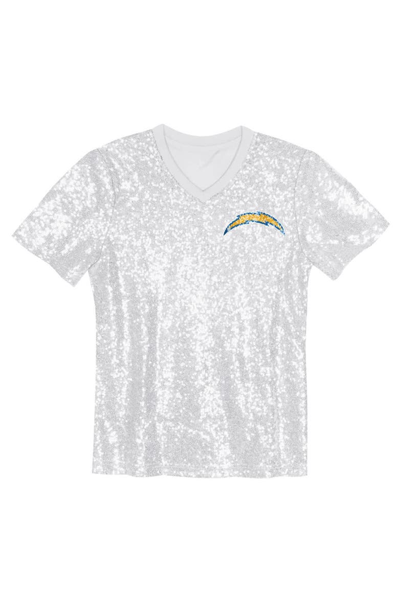 Girls Youth Justin Herbert Powder Blue Los Angeles Chargers Sequin V-Neck Fashion Jersey, Alternate, color, White