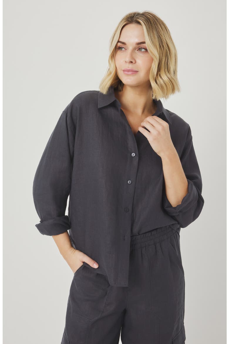 Stella Linen Button-Up Shirt, Alternate, color, LEAD GREY