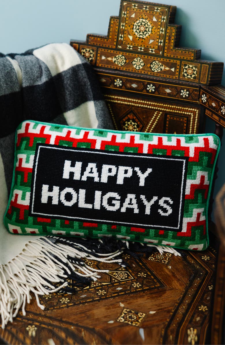 Furbish Happy Holigays Needlepoint Pillow, Alternate, color, Green