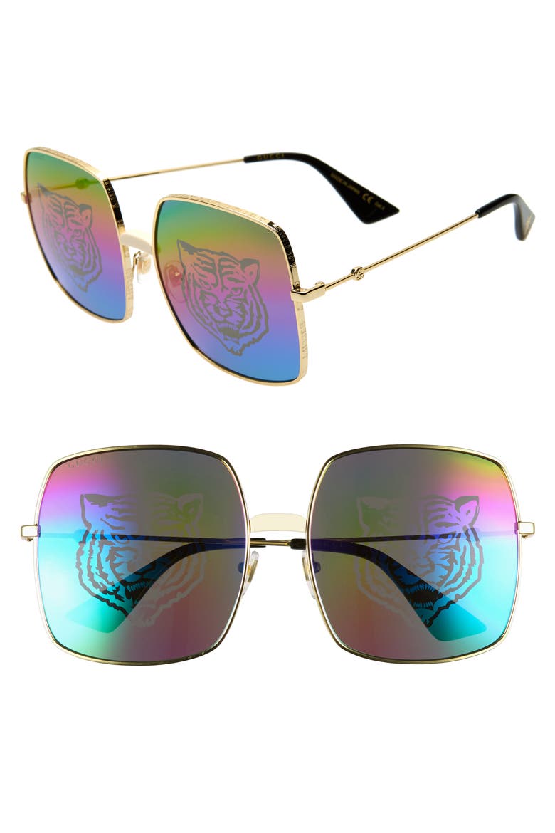 60mm Square Sunglasses, Main, color, GOLD/ RAINBOW TIGER