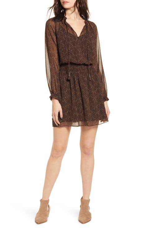 Long Sleeve Smocked Waist Chiffon Minidress