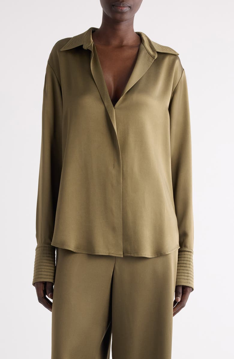 Dries Van Noten Celinta Satin Button-Up Shirt, Main, color, Khaki