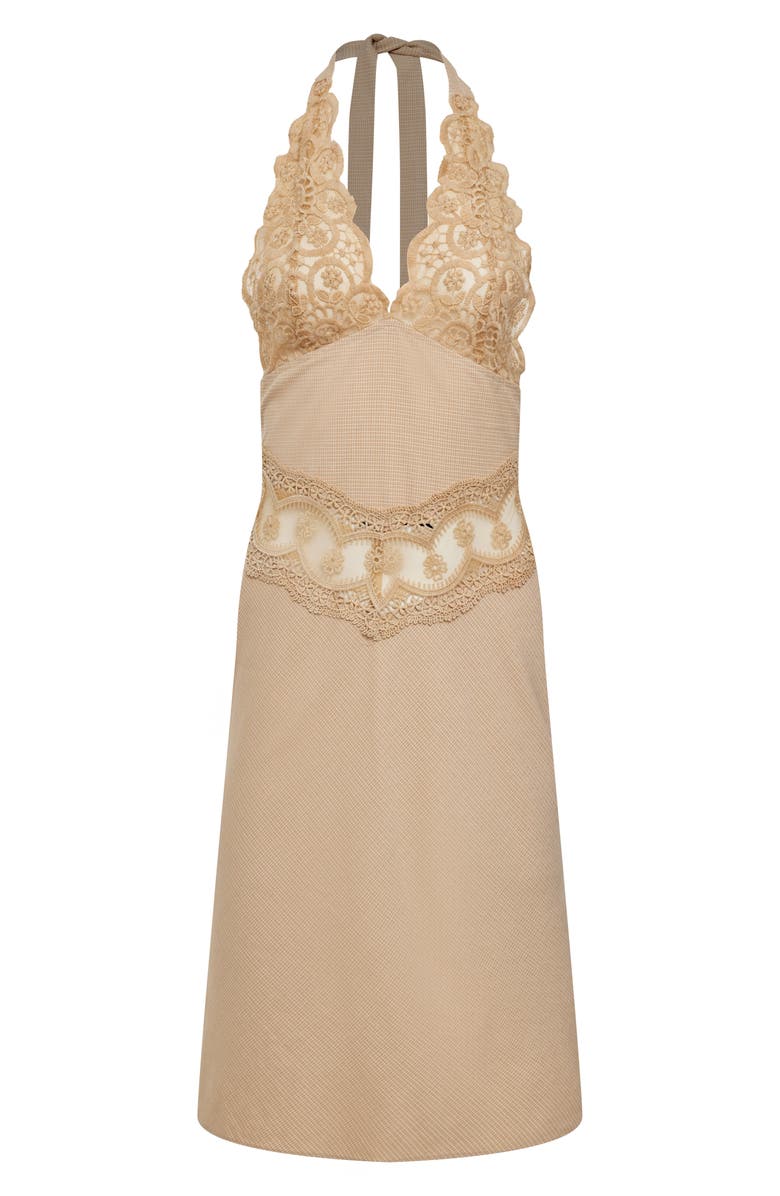 LIONESS Solana Lace Inset Halter Dress, Alternate, color, Beige Plaid