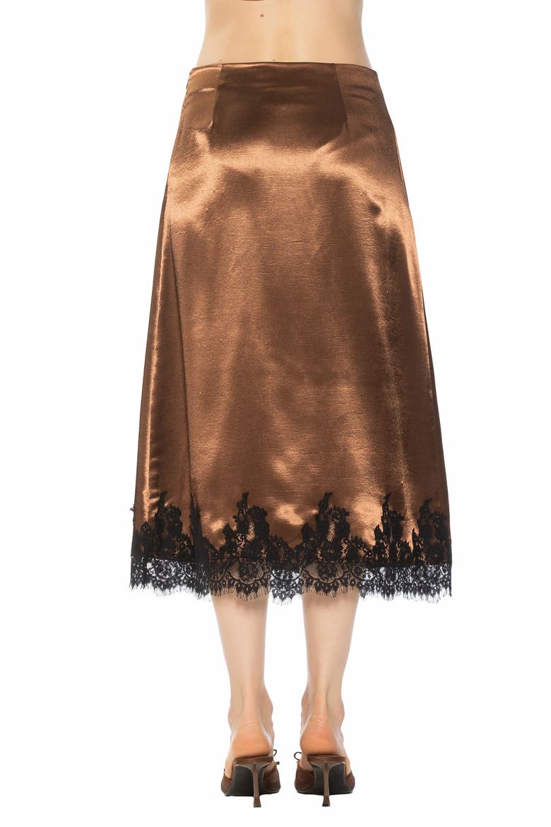 Serena Lace Trim Satin Midi Skirt, Alternate, color, BROWN