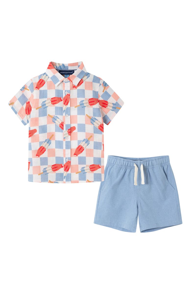 Andy & Evan Kids' Frozen Treats Print Short Sleeve Cotton Button-Up Shirt & Drawstring Shorts Set, Main, color, Chambray