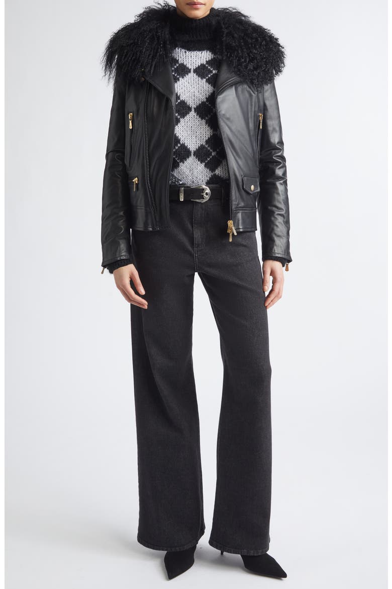 Genuine Shearling Collar Leather Biker Jacket, Alternate, color, 22 BLACK