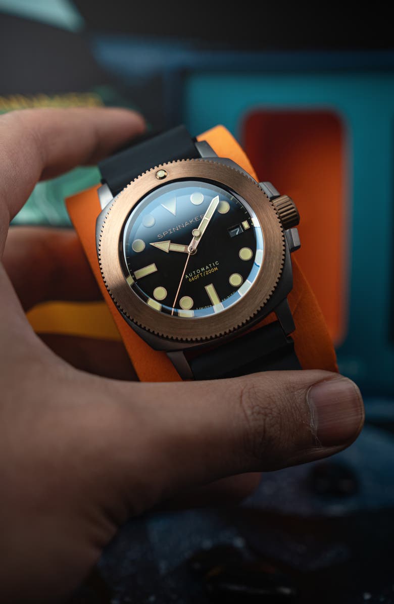 SPINNAKER Hull Titanium Bronze Automatic Lapidary Black Onyx Silicone Strap Watch, 42mm, Alternate, color, 