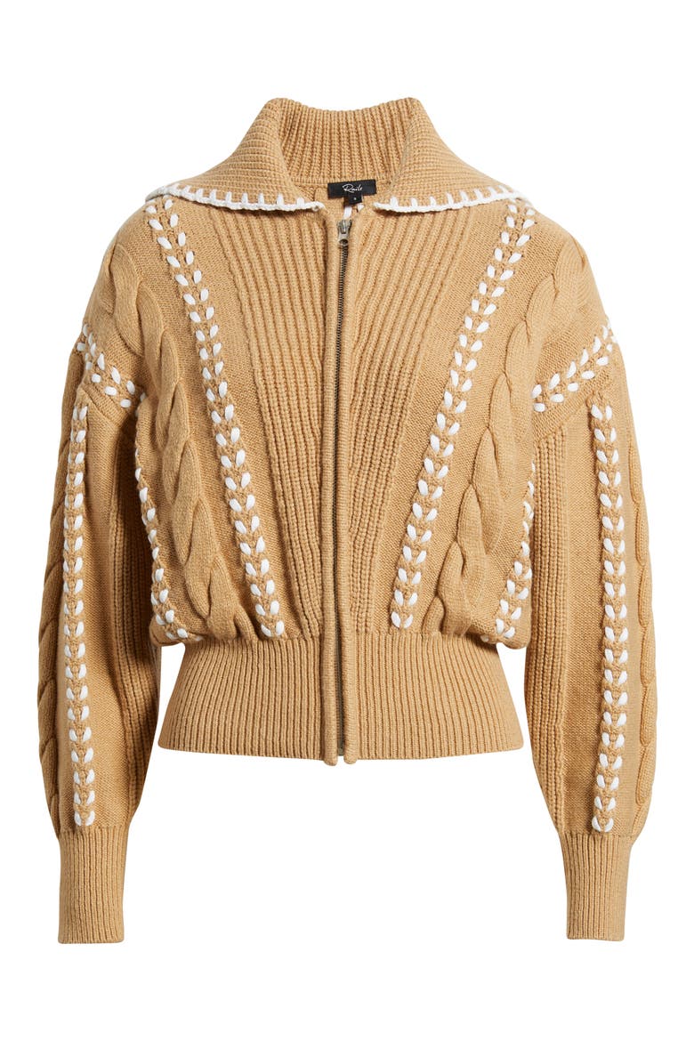 Lune Whipstitch Detail Cotton Blend Bomber Sweater, Alternate, color, CAMEL IVORY BLANKET
