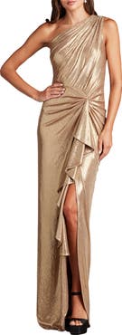 Tadashi Shoji Foil Ruffle One-Shoulder Gown