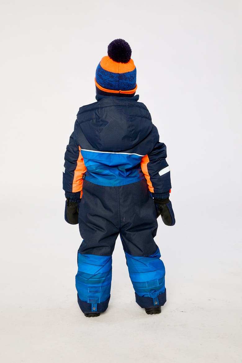 Play Striped Detachable Hood Fleece Neckwarmer One Piece Snowsuit, Alternate, color, Blue with Black Stripes