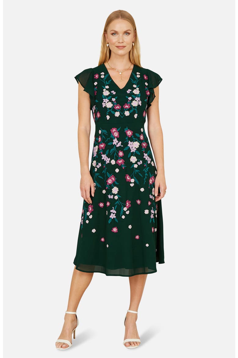 Floral Embroidered V-Neck Midi Dress, Main, color, Green