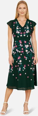 Yumi Floral Embroidery Midi Skater Dress