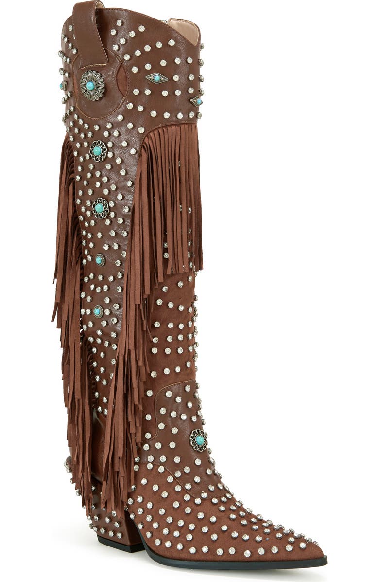 AZALEA WANG Bennett Fringe Cowboy Boot, Main, color, Brown