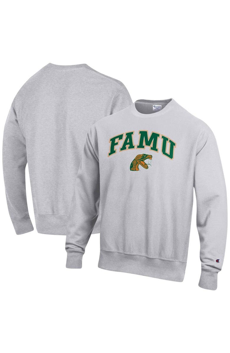 Champion Men's Champion Heathered Gray Florida A&M Rattlers Arch Over Logo Reverse Weave Pullover Sweatshirt, Main, color, 