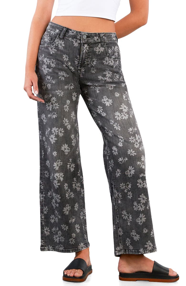 HINT OF BLU Floral Wide Leg Jeans, Main, color, Grey Floral Denim