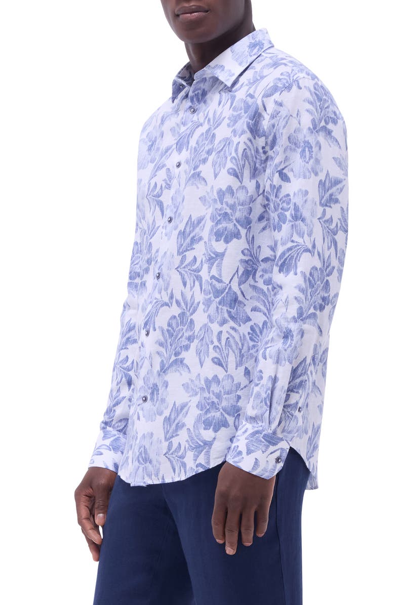 Bugatchi Julian Shaped Fit Linen Blend Button-Up Shirt, Alternate, color, Cobalt