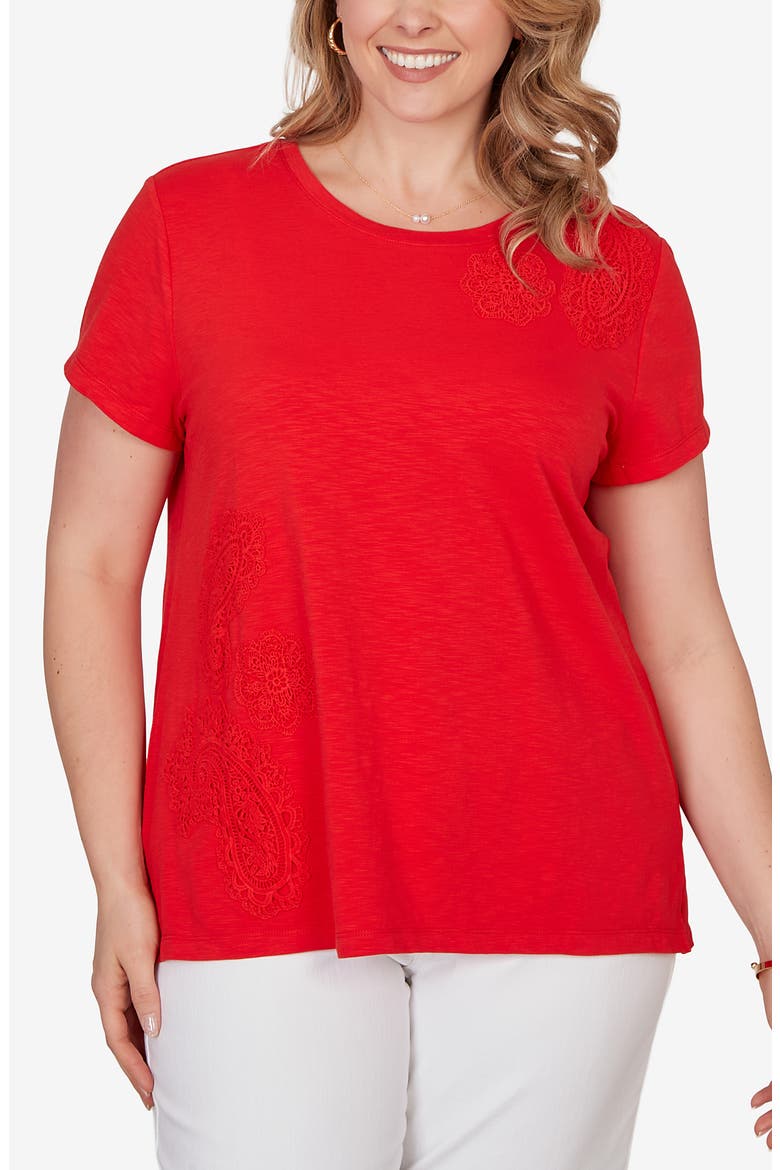 Floral Crochet Jersey Top, Main, color, RED