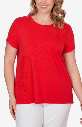 Ruby Rd. Plus Size Paisley Lace Solid Knit T-shirt In Red