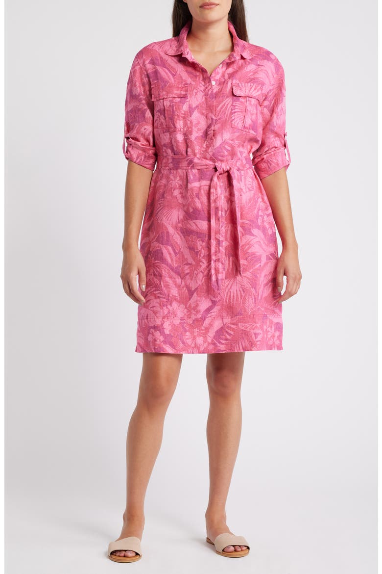 Paradise Palmera Tie Waist Shirtdress, Main, color, PINK PAPAYA