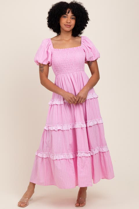 Smocked Ruffle Tiered Puff Sleeve Maxi Dress