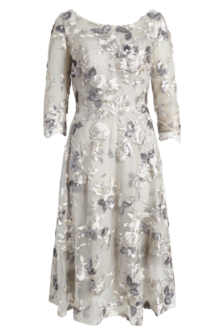 Embroidered Lace Fit & Flare Dress, Alternate, color, SILVER