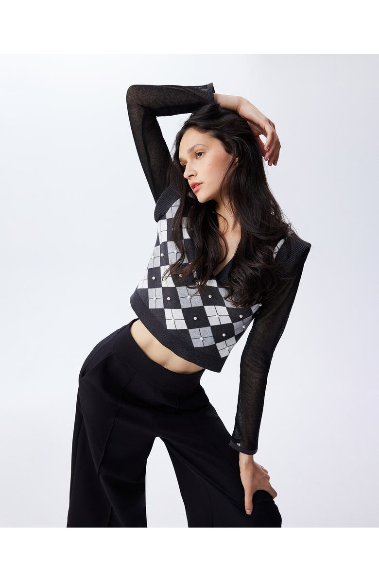 THEO The Label Nomia Plaid Pearly V-neck Sweater, Alternate, color, Grey/Silver