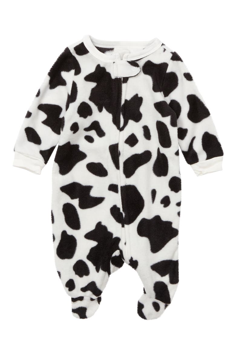 Cow Print Fleece Footie, Main, color, BLACK/WHITE