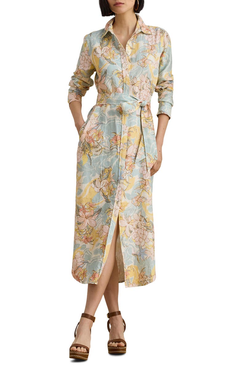 Lauren Ralph Lauren Floral Long Sleeve Linen Midi Shirtdress, Main, color, Cream/ Blue Multi
