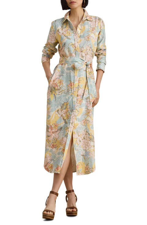 Floral Long Sleeve Linen Midi Shirtdress