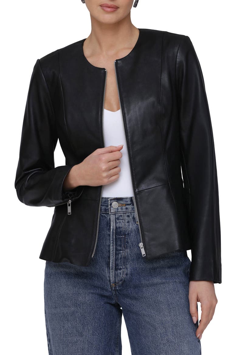 Genuine Leather Zip Front Peplum Jacket, Main, color, BLACK