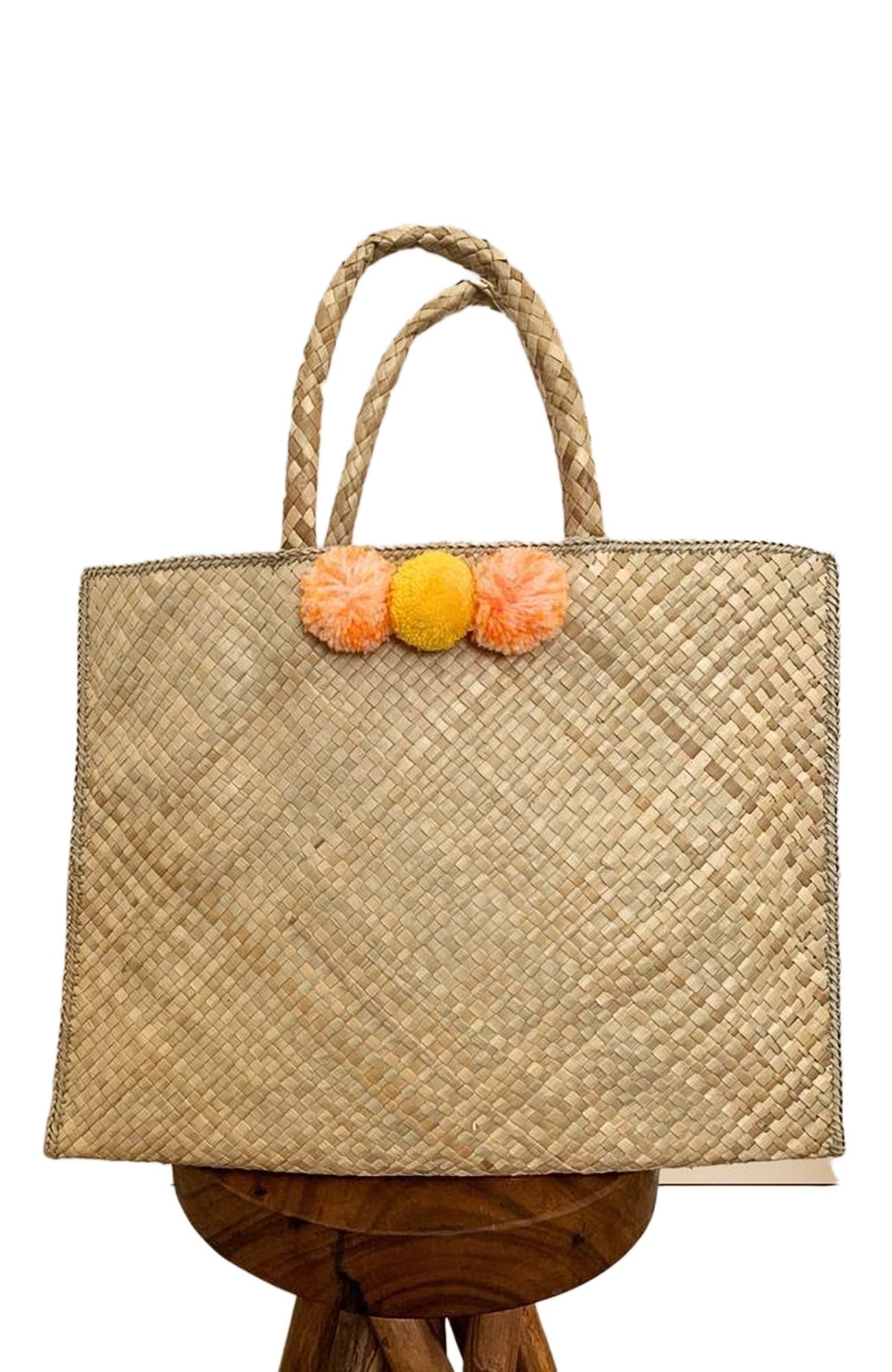 PINK HALEY Jennifer Pom Pom Oversized Straw Tote, Alternate, color, Natural