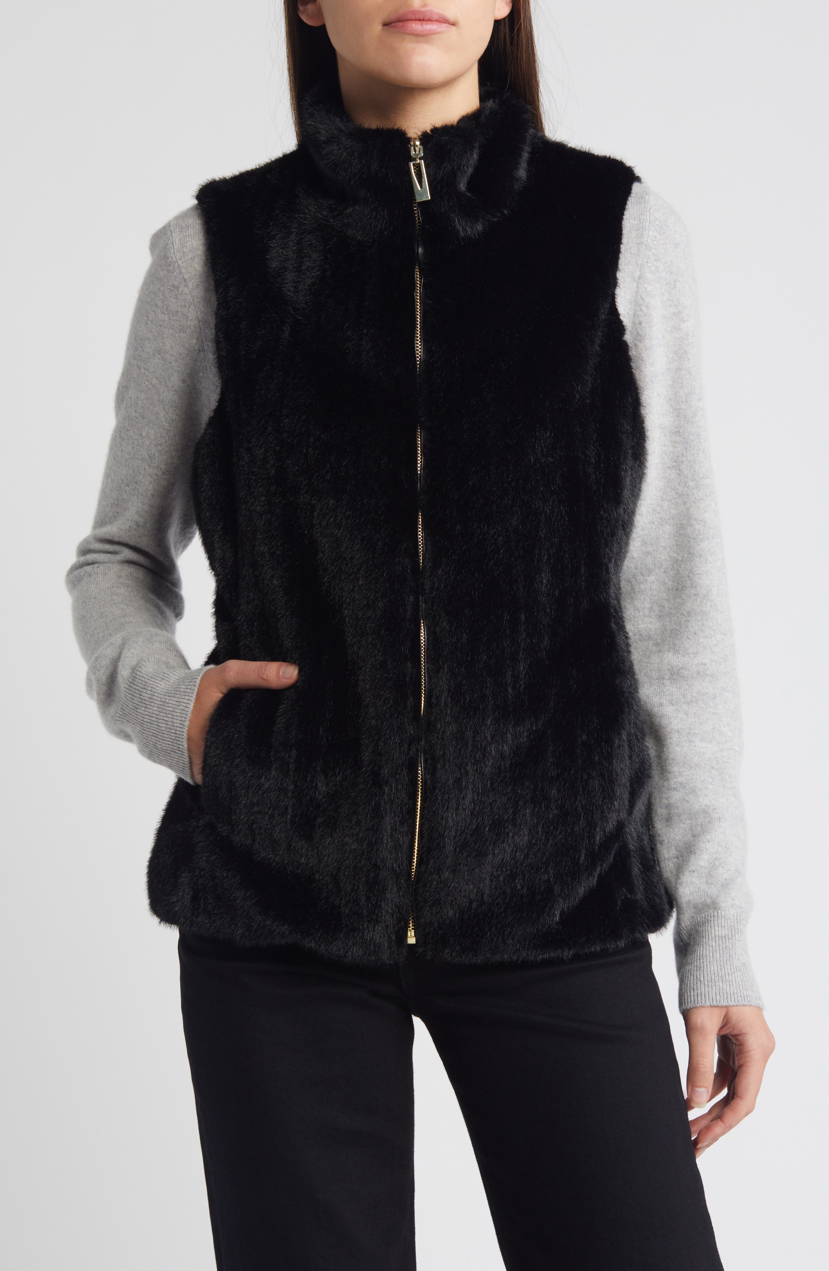 Via Spiga Reversible Faux Fur Vest in Black 