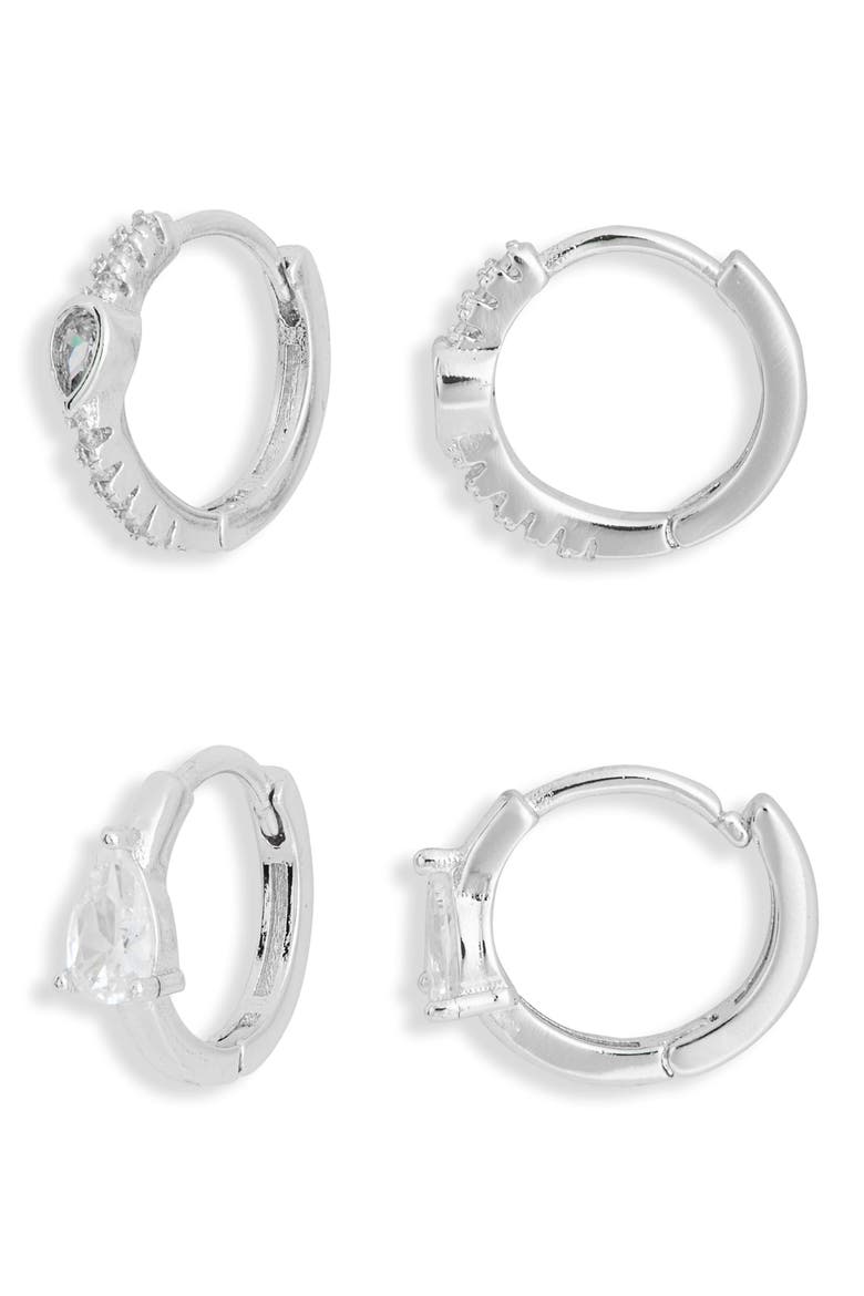Set of 2 Assorted Huggie Hoop Earrings, Main, color, CLEAR- SILVER