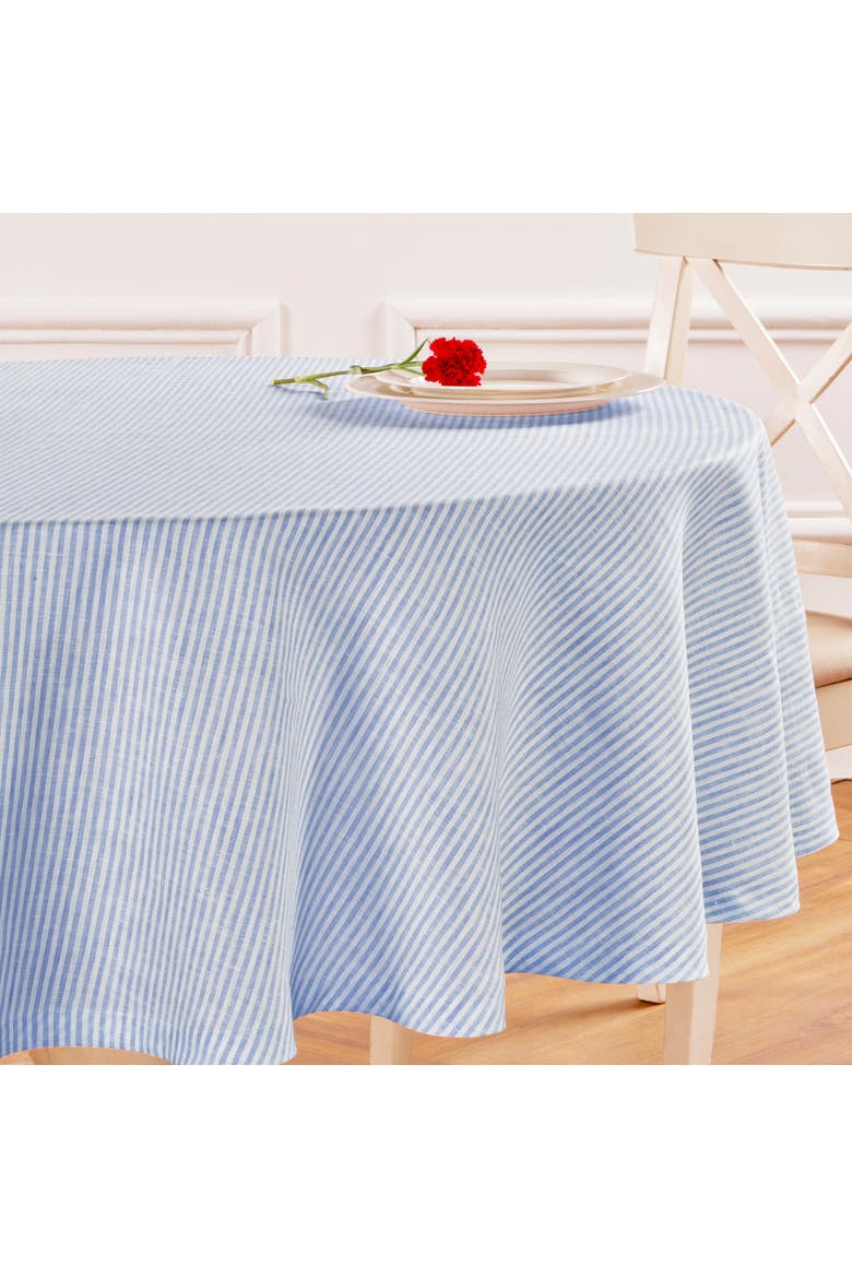 Linen Round Tablecloth - Narrow Stripe, Alternate, color, Cornflower Blue and White