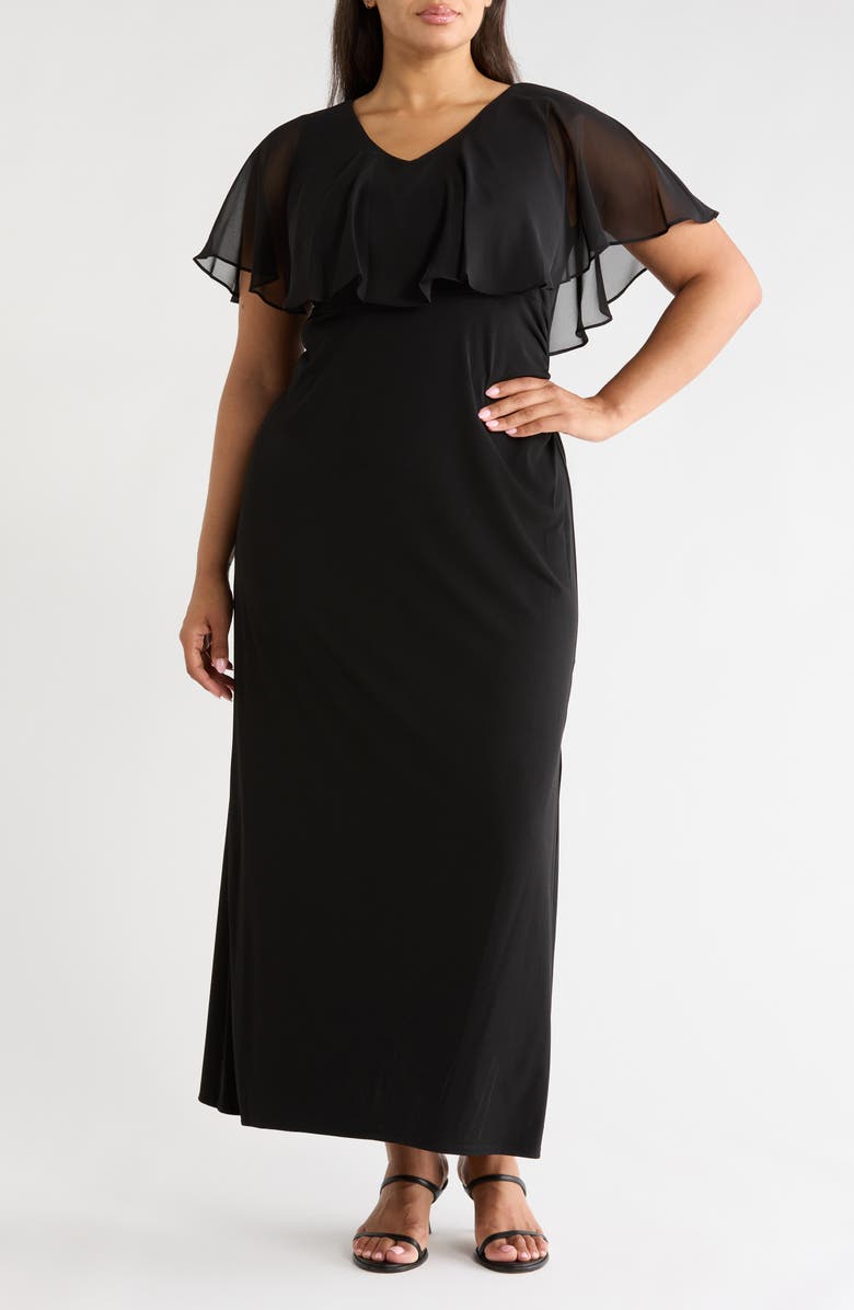 Connected Apparel Chiffon Flutter Sleeve Gown, Main, color, Black
