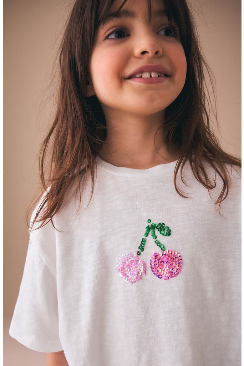 Kids' Sequin Cherry Fringe Trim Cotton T-Shirt, Alternate, color, NEUTRAL