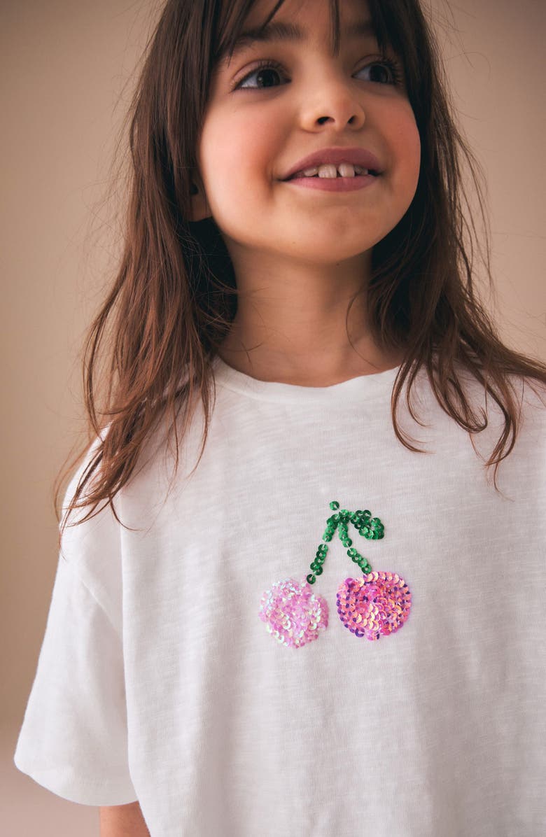 NEXT Kids' Sequin Cherry Fringe Trim Cotton T-Shirt, Alternate, color, Neutral