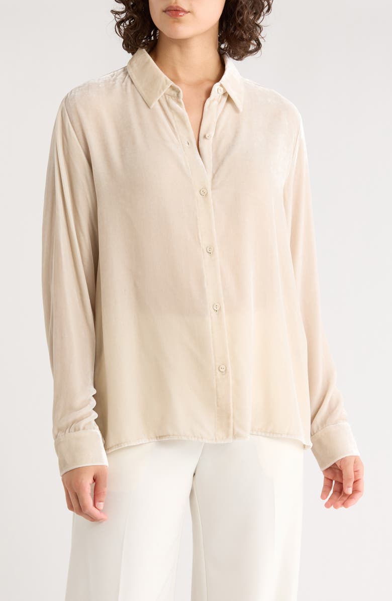 Eileen Fisher Classic Collar Easy Velvet Button-Up Shirt, Main, color, Almond