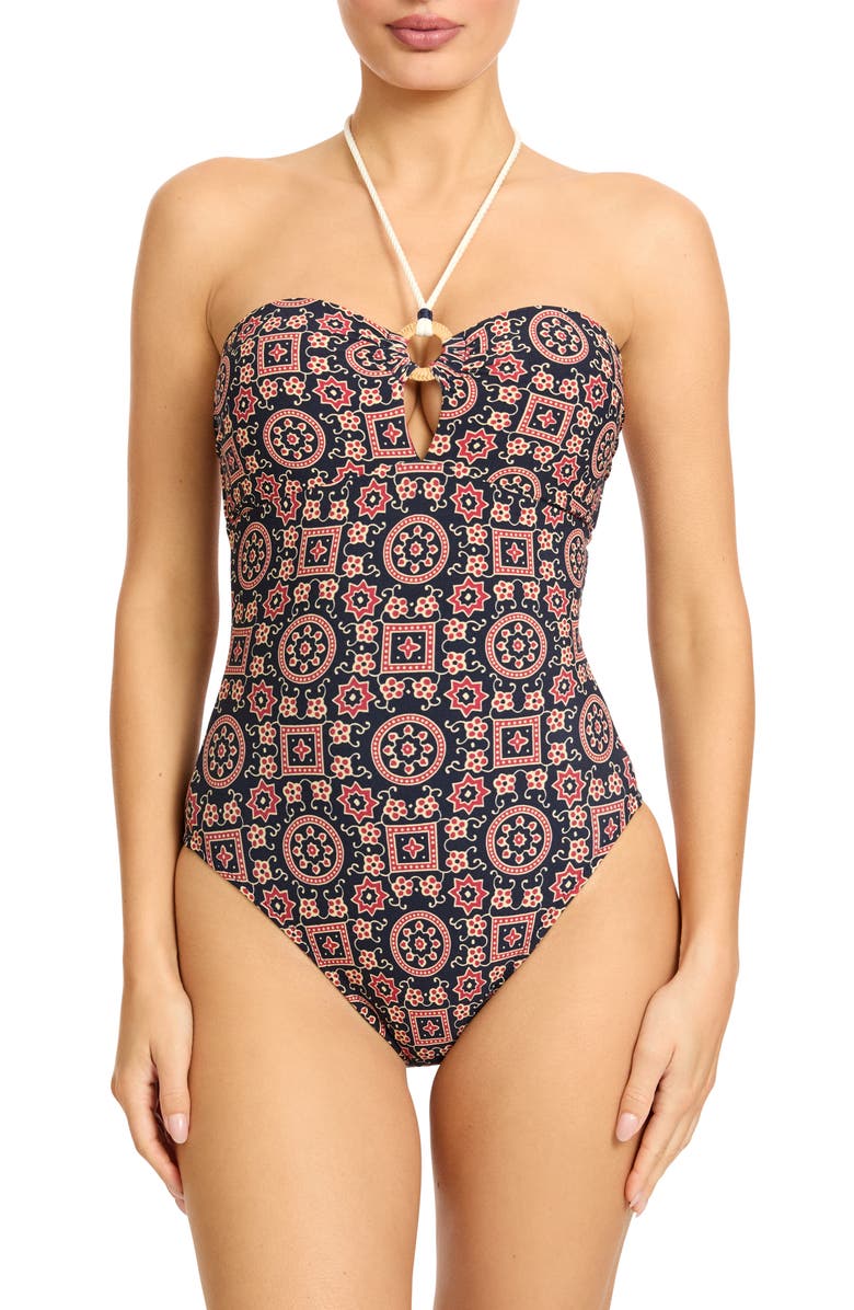 Robin Piccone Maggy Bandeau One-Piece Swimsuit, Main, color, Blue Multi