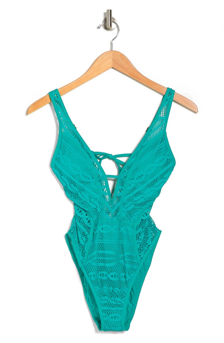 Becca Color Play Crochet Hi Leg One-Piece Swimsuit, Alternate, color, Jasper