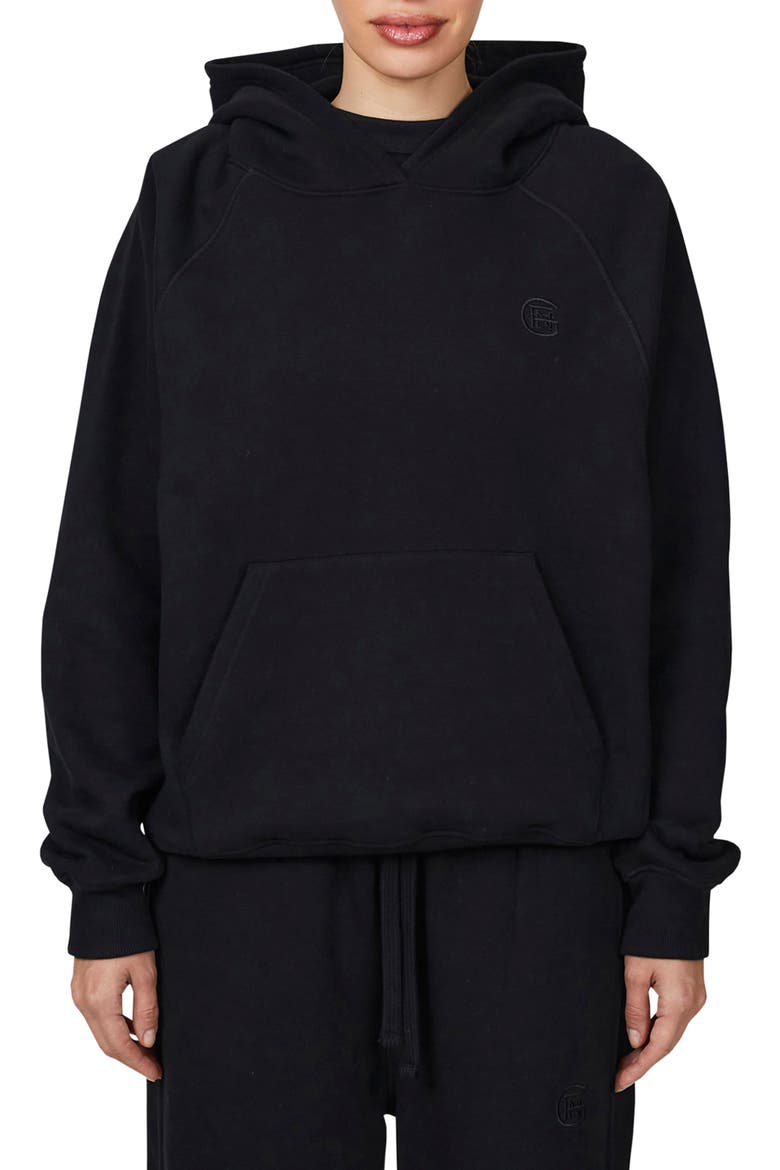 Ribbed Emblem Pullover Hoodie, Main, color, Black