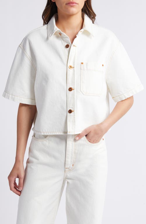 Shop Slvrlake Cara Short Sleeve Denim Crop Button-up Shirt In Natural White