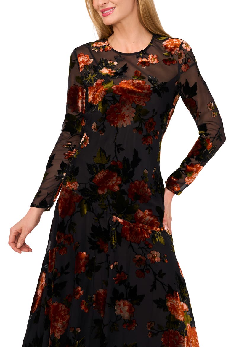 Floral Velvet Burnout Long Sleeve Dress, Alternate, color, RICH BLACK
