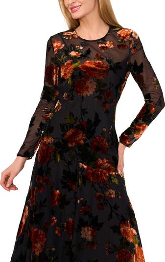 Floral Velvet Burnout Long Sleeve Dress