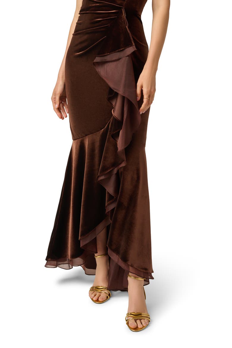 Ruffle Off the Shoulder Velvet Gown, Alternate, color, DARK BROWN